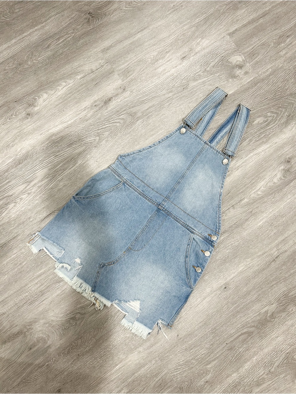 Women’s Light Blue Denim Overall Shorts with Frayed Hem